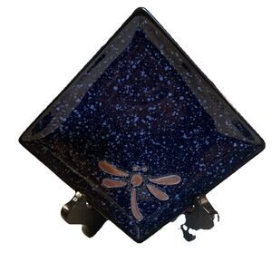 Dragonfly Blue Speckled Plate Candle/Trinket Dish 5” Heavy Beautiful